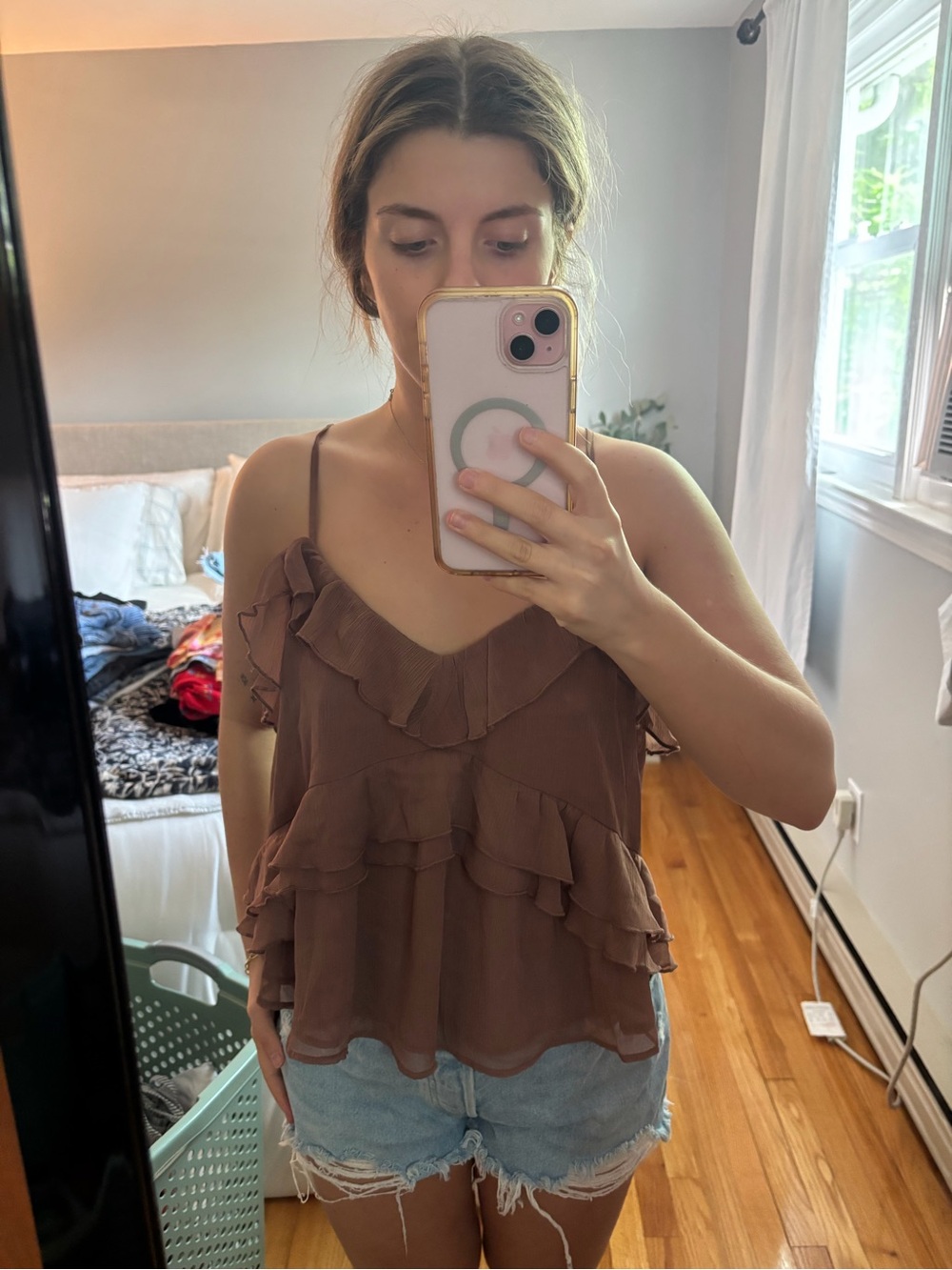 Brown Ruffle V-Neck Spaghetti Strap Top - Women